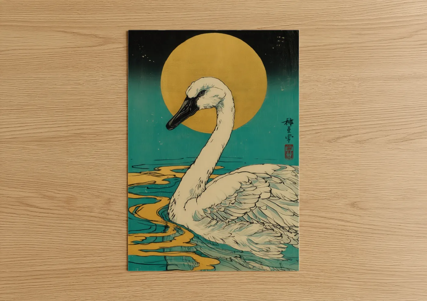 Moonlit Swan Japanese Woodblock Wall Art