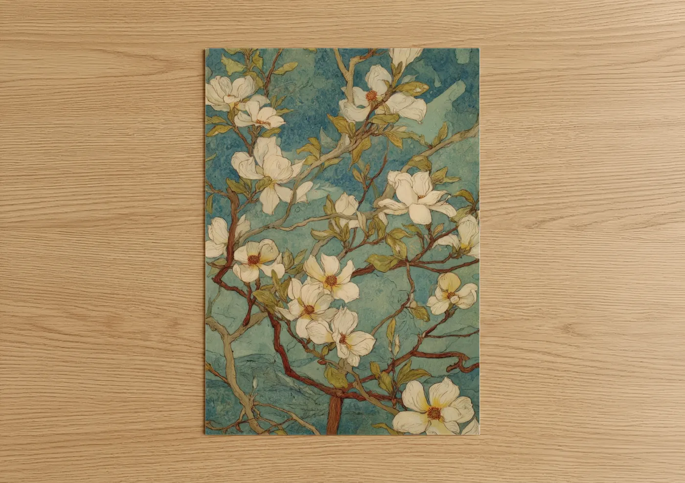 Art print on warm oak wood — teal and cream palette — Cream Dogwood poster