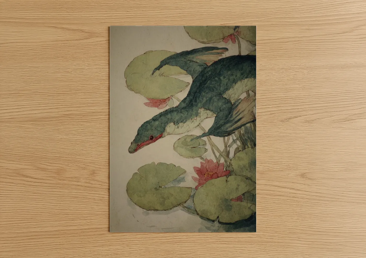 Loch ness monster art print on warm oak wood — light green and dark green palette — Lotus Loch Monster poster