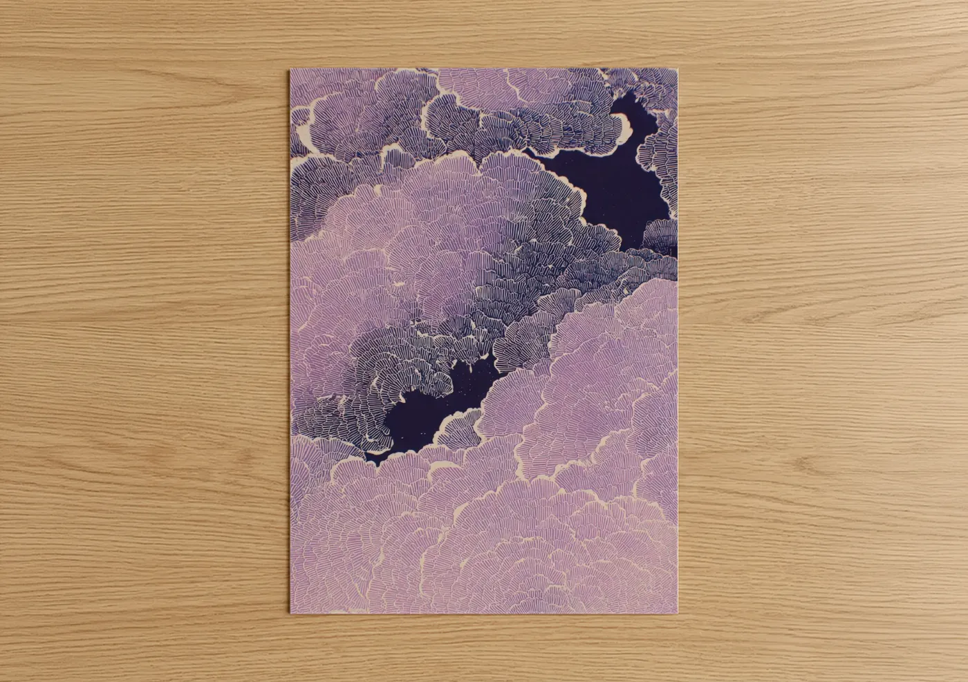 Art print on warm oak wood — lavender and black palette — Cosmic Nebula poster