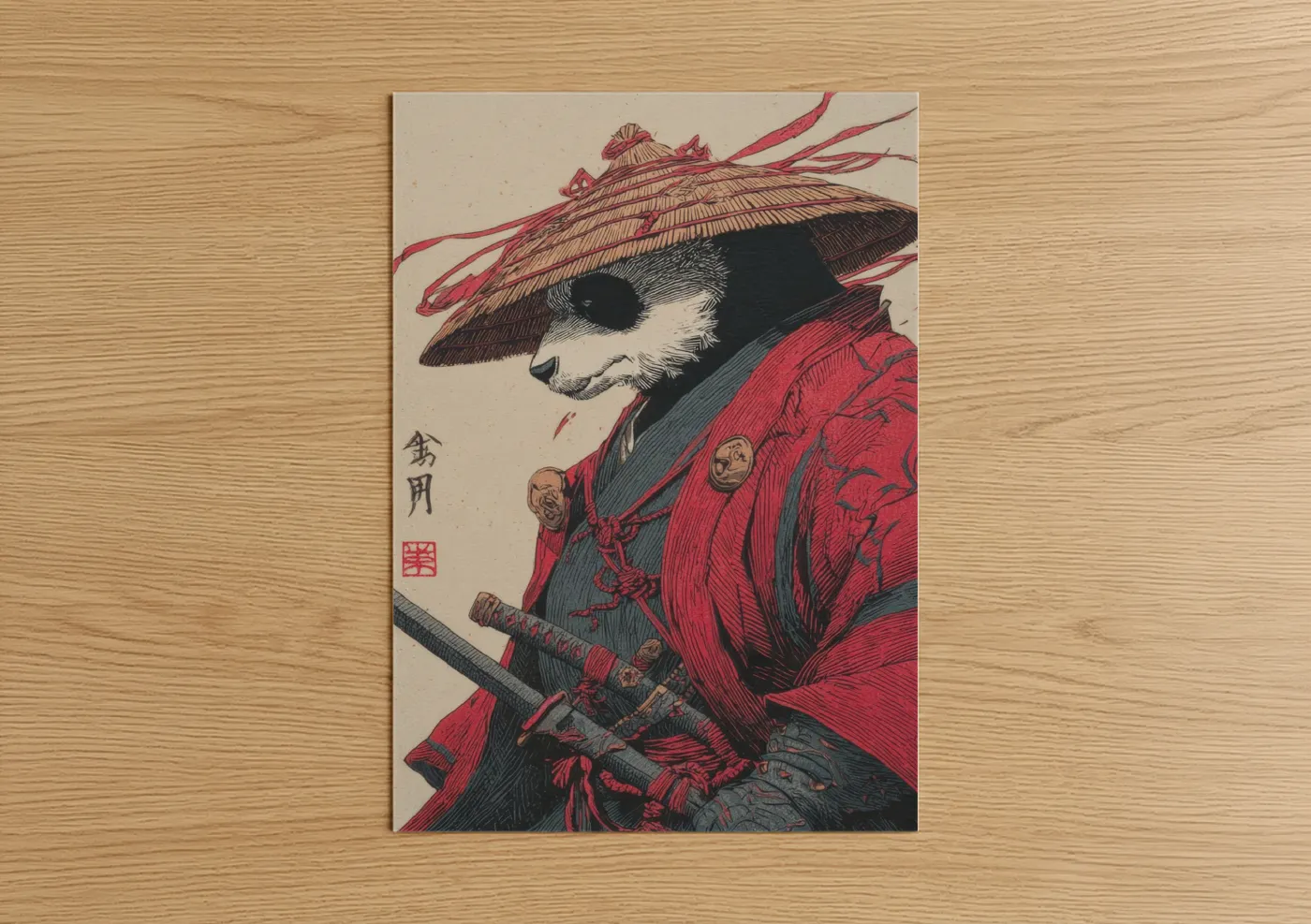 Panda art print on warm oak wood — red and black and white palette — Samurai Owl poster