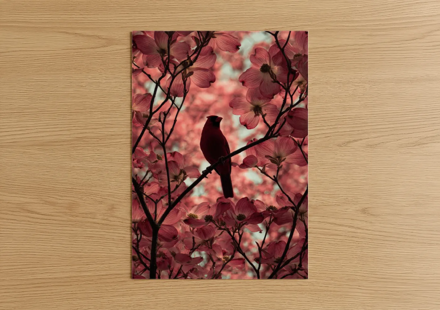 Cherry blossoms art print on warm oak wood — pink and maroon palette — Crimson Cardinal poster