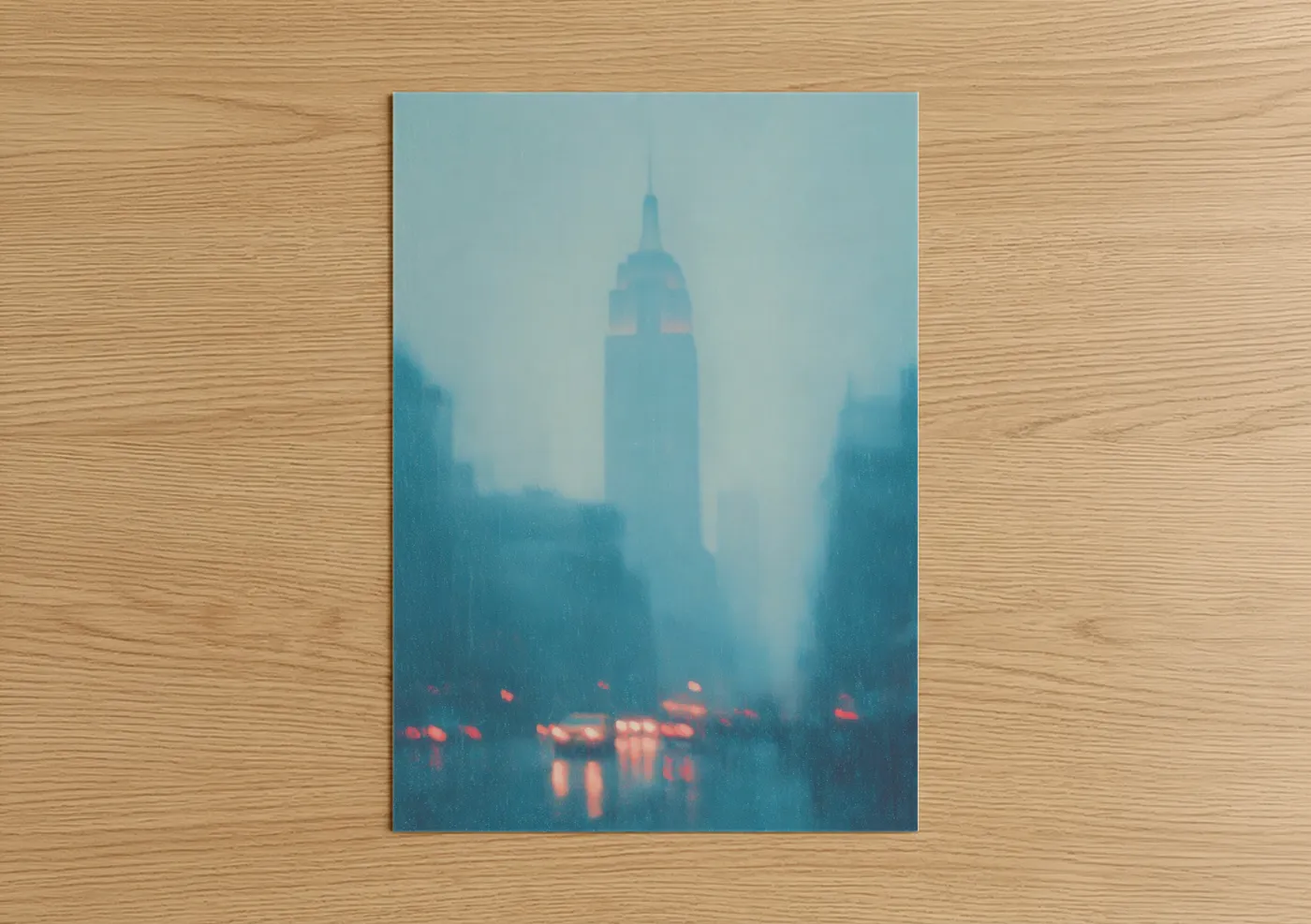 Empire state building art print on warm oak wood — blue and gold palette — Rainy Manhattan poster