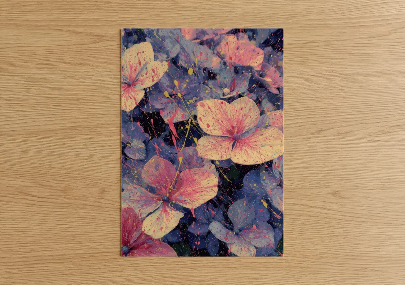 Art print on warm oak wood — blue and pink palette — Cosmic Hydrangea poster