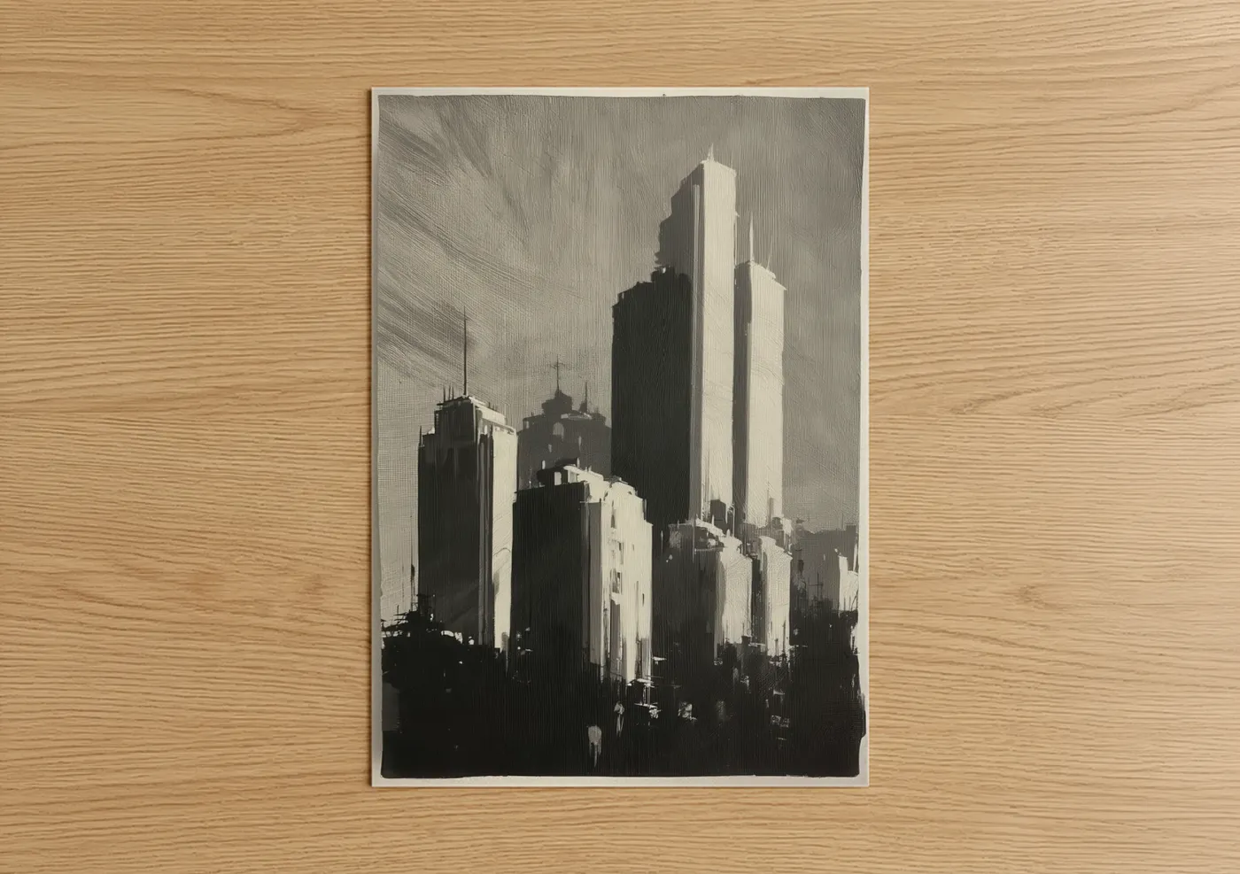 Abstract architecture art print on warm oak wood — black and white and gray palette — Urban Geometry poster