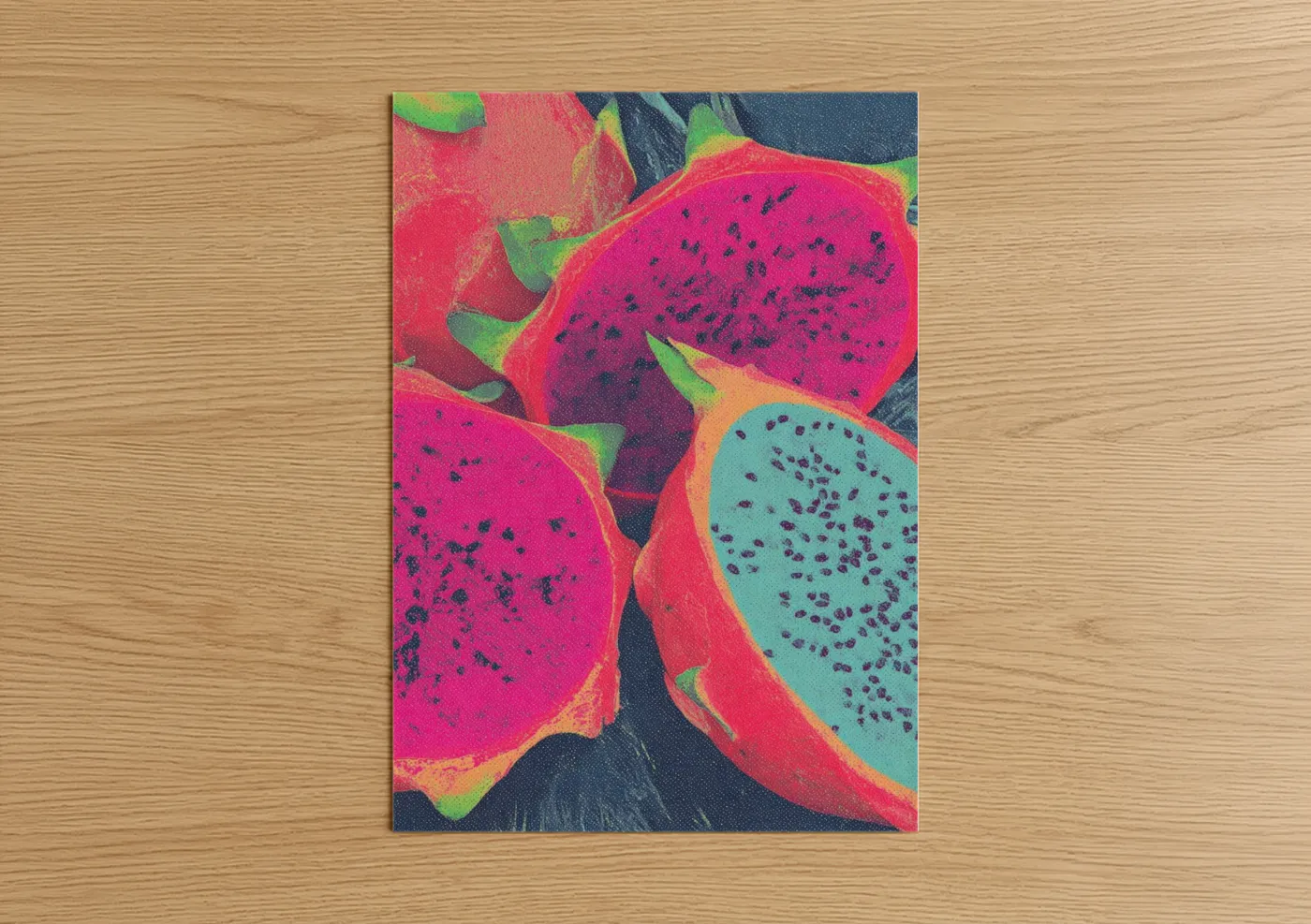 Art print on warm oak wood — magenta and turquoise palette — Vibrant Dragon Fruit poster