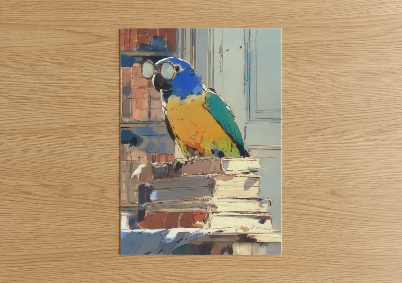 Colorful Parrot on Books Illustration Wall Art