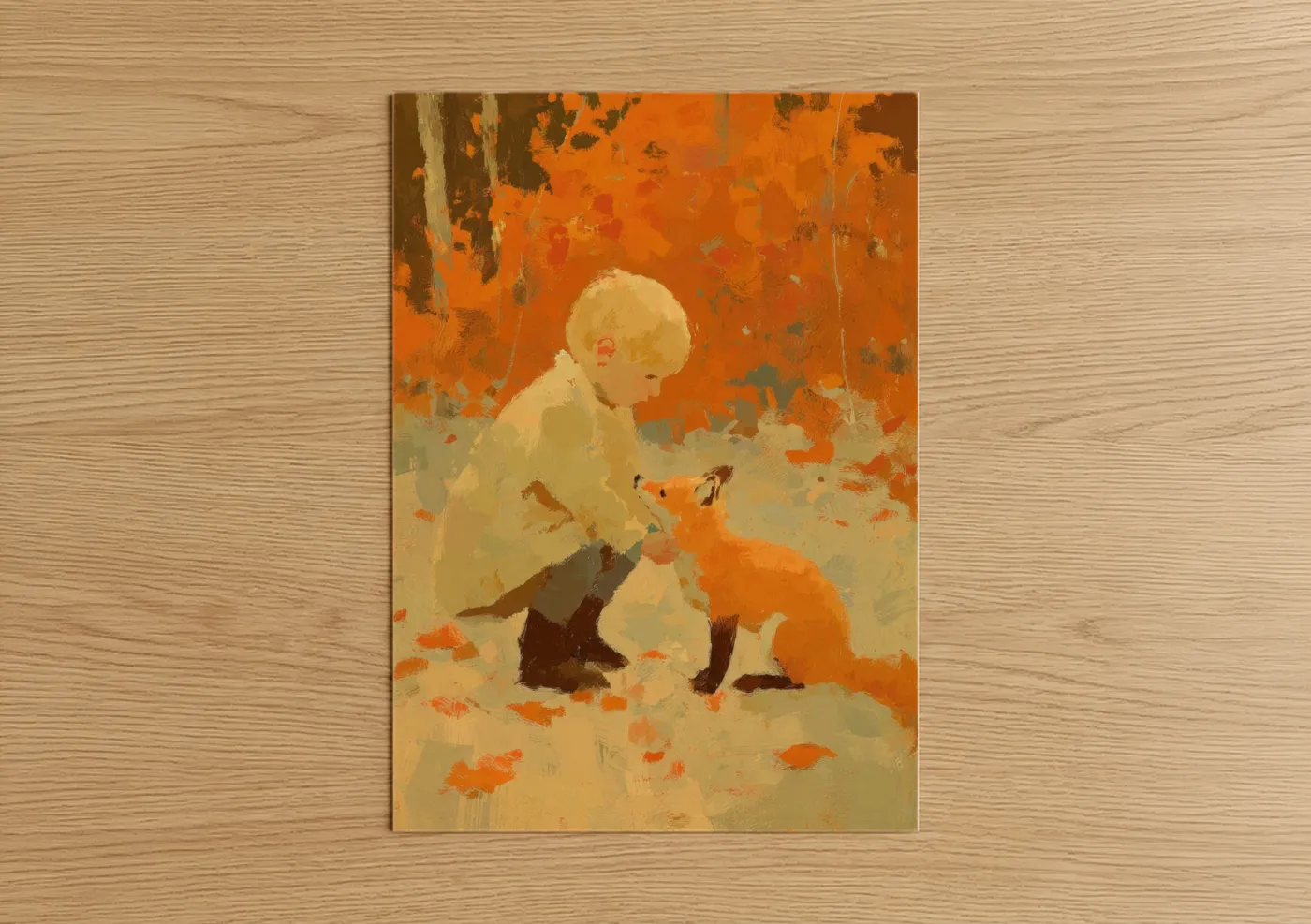Child Playing With Fox Warm Illustration Wall Art