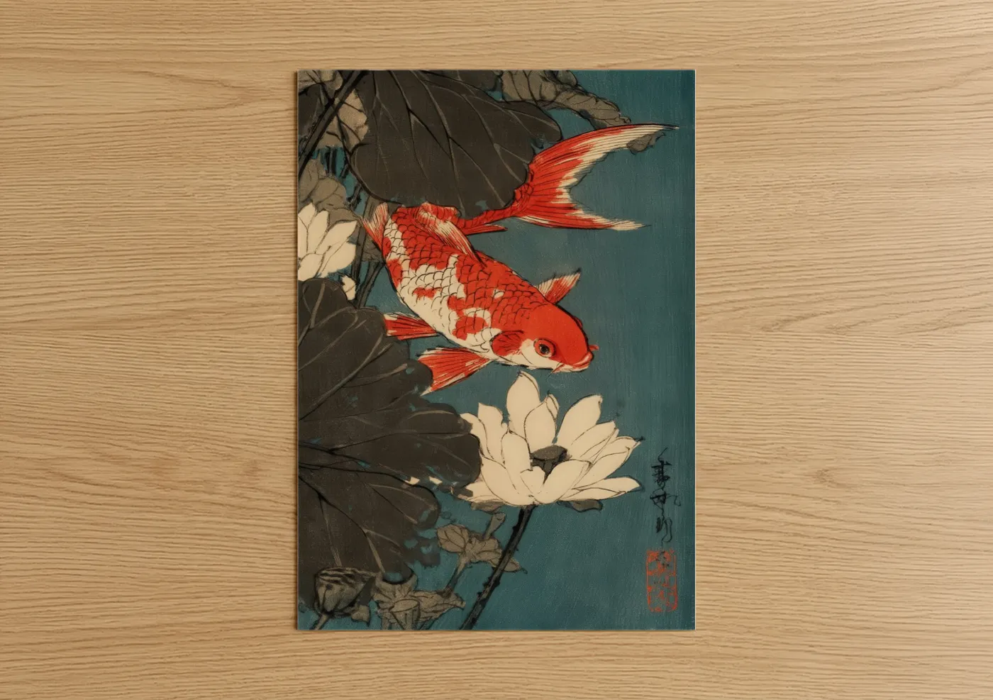 Red and White Koi Fish Lotus Flower Wall Art