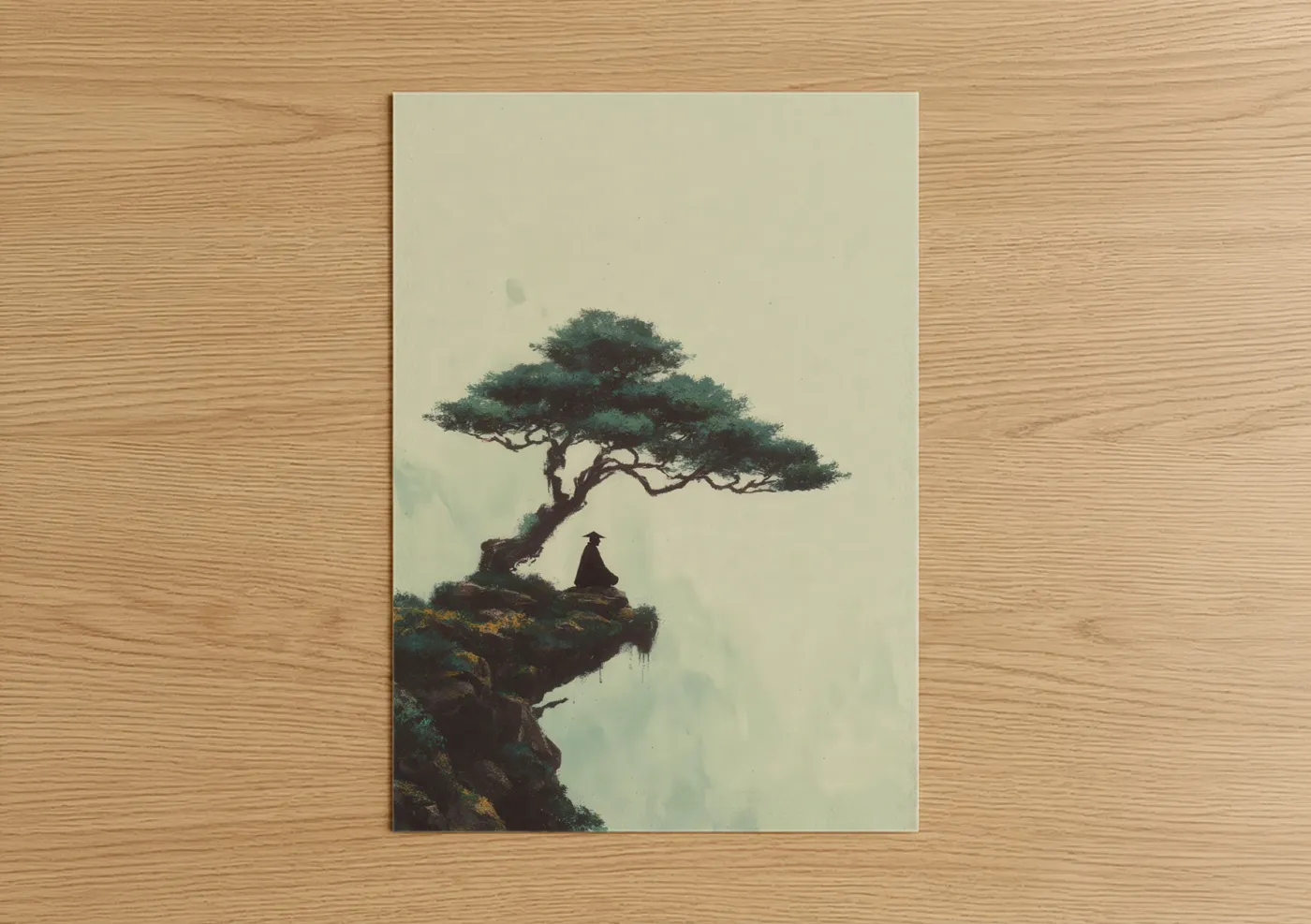 Bonsai tree art print on warm oak wood — sage green and cream palette — Contemplative Bonsai poster