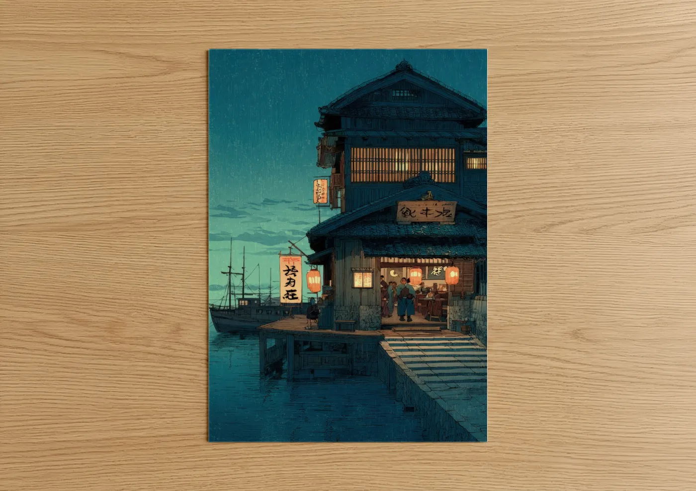 Japanese Waterfront Dock Building at Dusk Wall Art