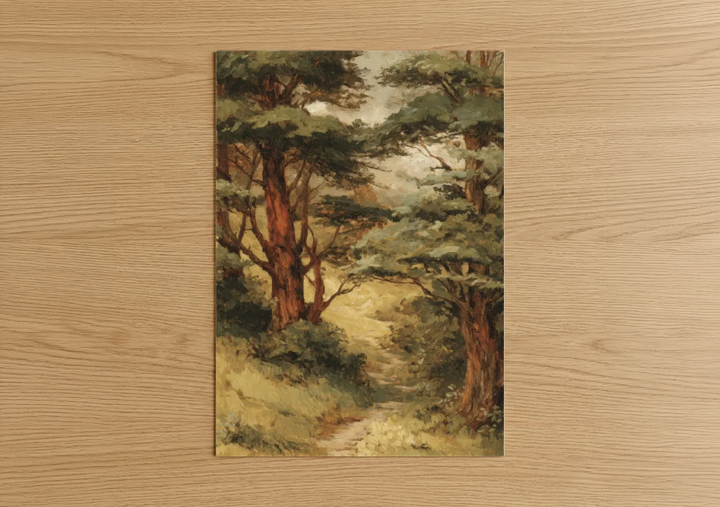 Sunlit Cedar Forest Landscape Painting Wall Art