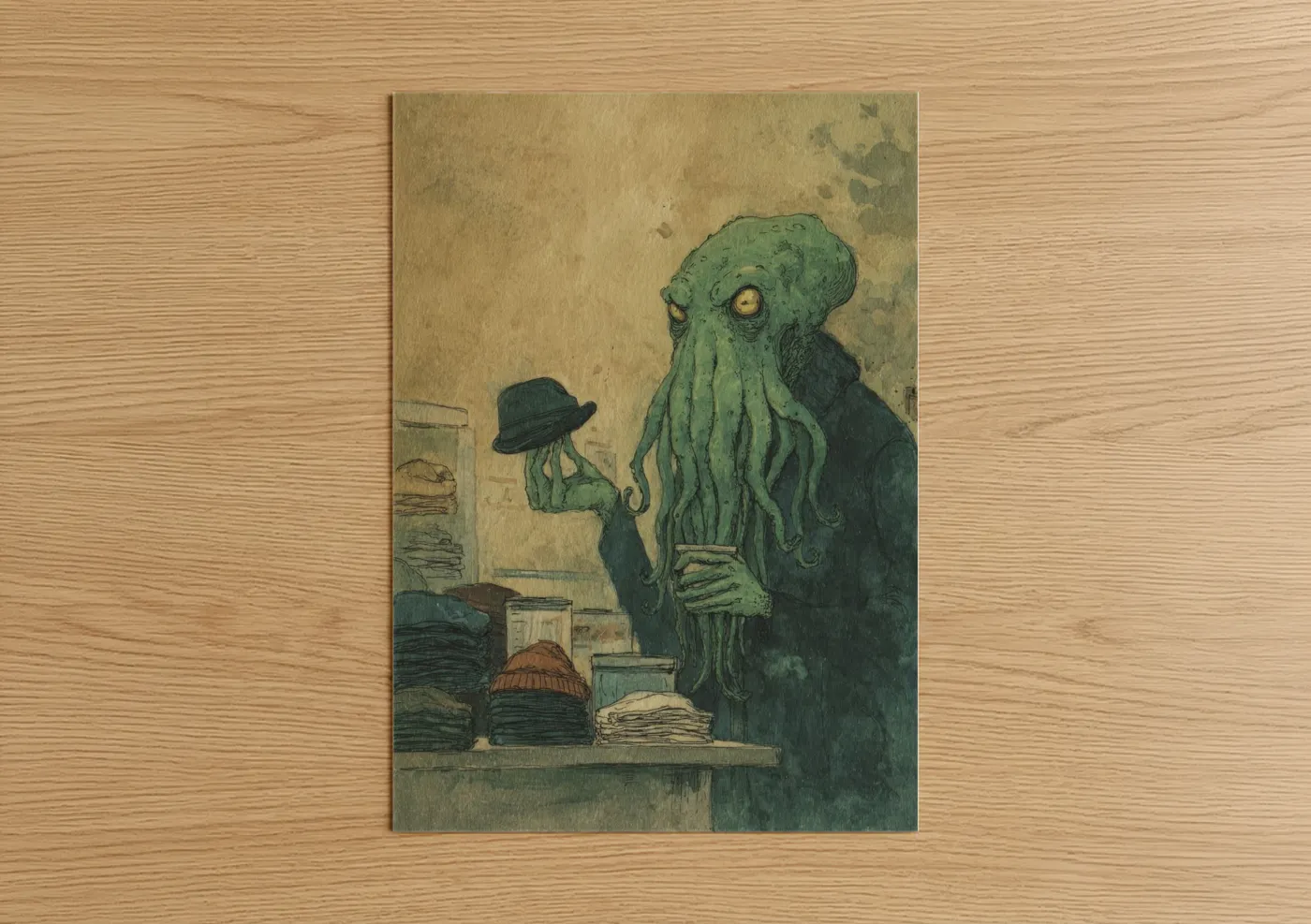 Art print on warm oak wood — dark green and beige palette — Cthulhu Haberdashery poster