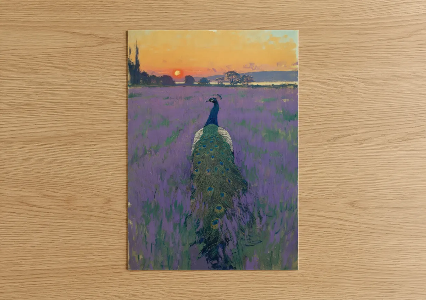 Art print on warm oak wood — purple and gold palette — Lavender Peacock poster