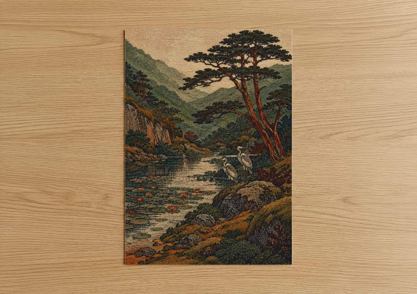 Art print on warm oak wood — true green and beige palette — Japanese Mountain Crane Landscape Wall Art poster