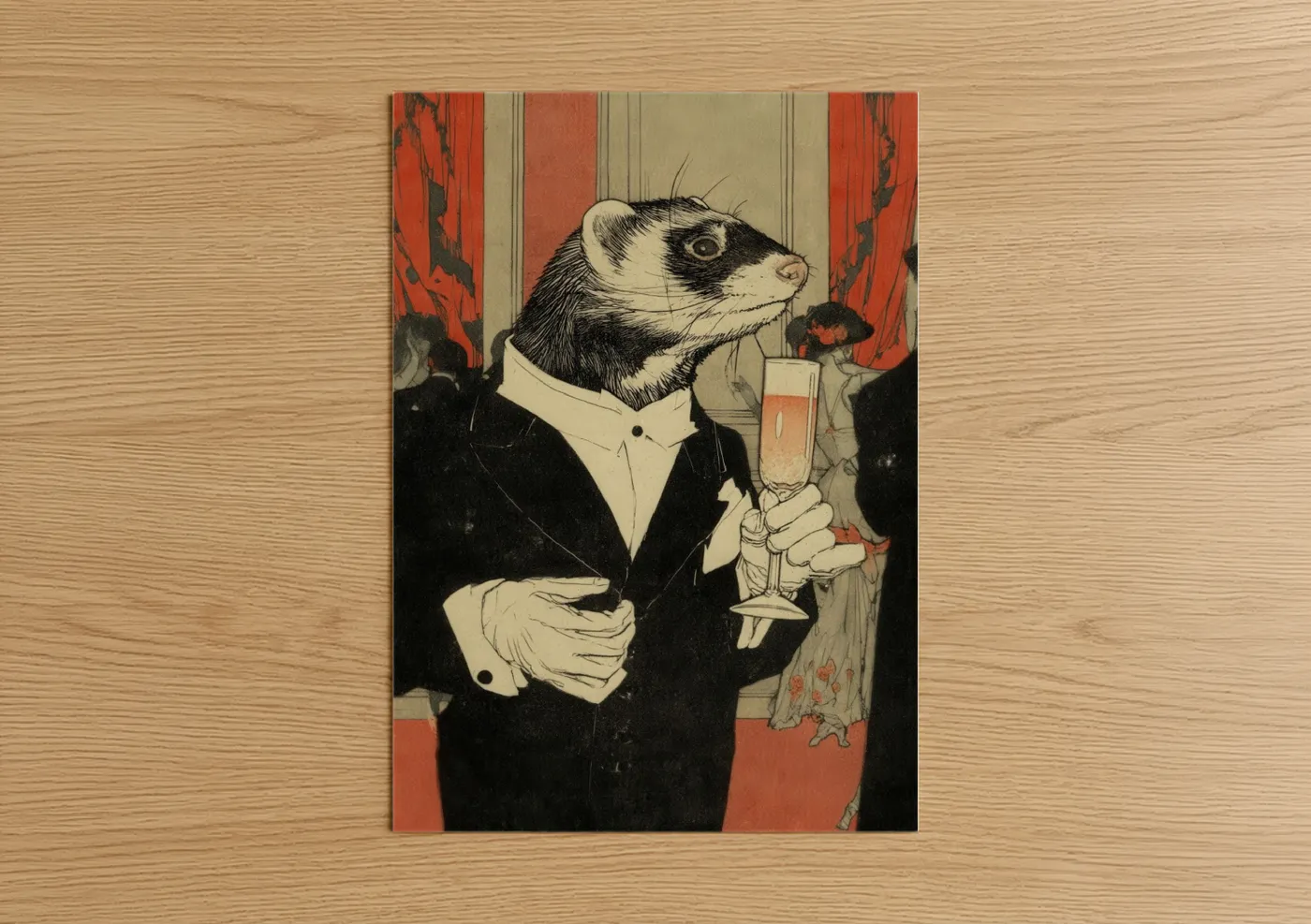 Art print on warm oak wood — black and white and red palette — Dapper Ferret poster