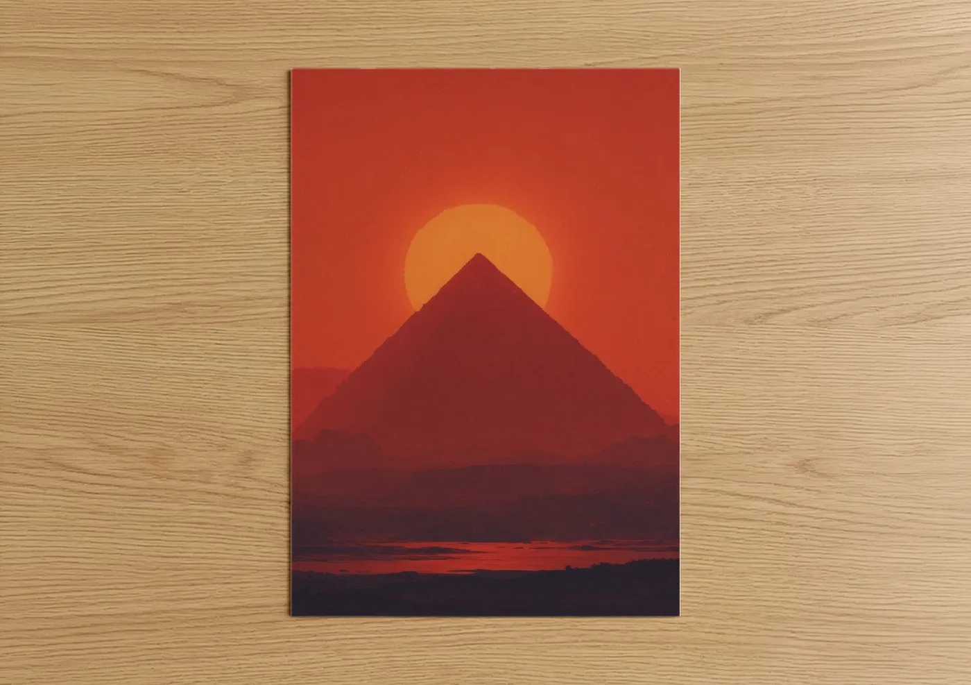 Great pyramid of giza art print on warm oak wood — red and gold palette — Crimson Pyramid Sunset poster