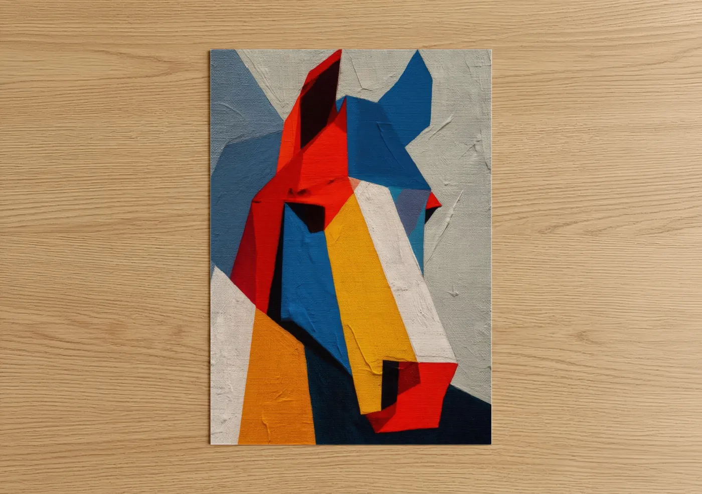 Art print on warm oak wood — red and blue palette — Colorful Quarter Horse poster