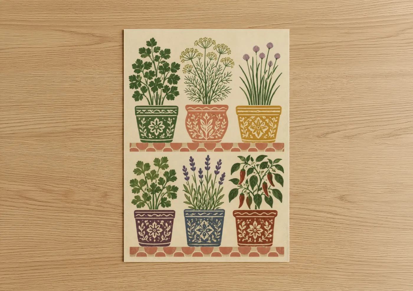 Herbs art print on warm oak wood — beige and true green palette — Decorative Herb Garden Wall Art poster