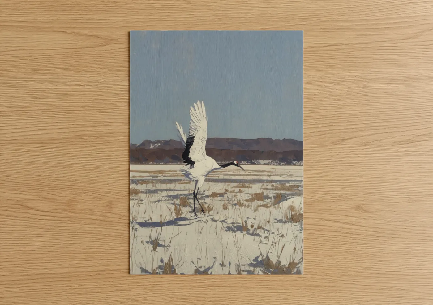 White Crane Winter Field Watercolor Wall Art