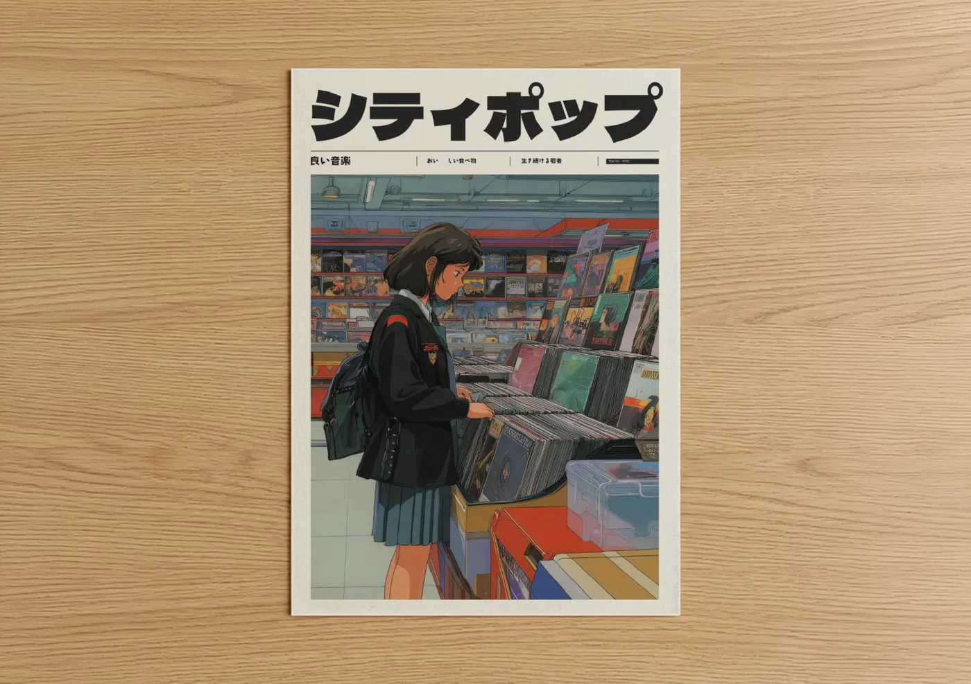 Anime Girl Browsing Vinyl Records Shop Wall Art