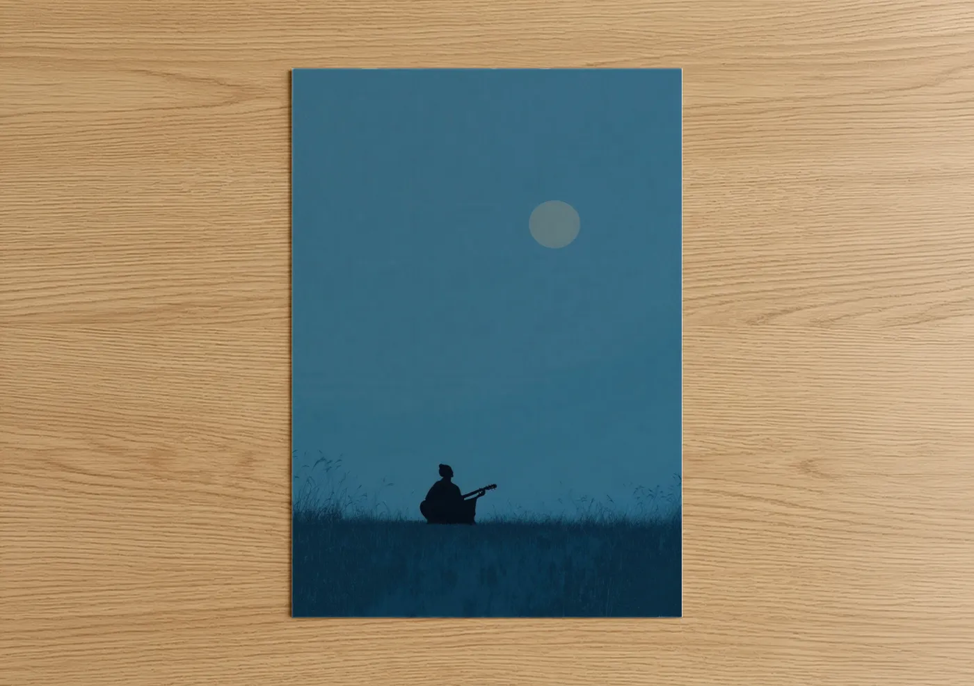Art print on warm oak wood — blue and gray and dove gray palette — Solitary Blues poster