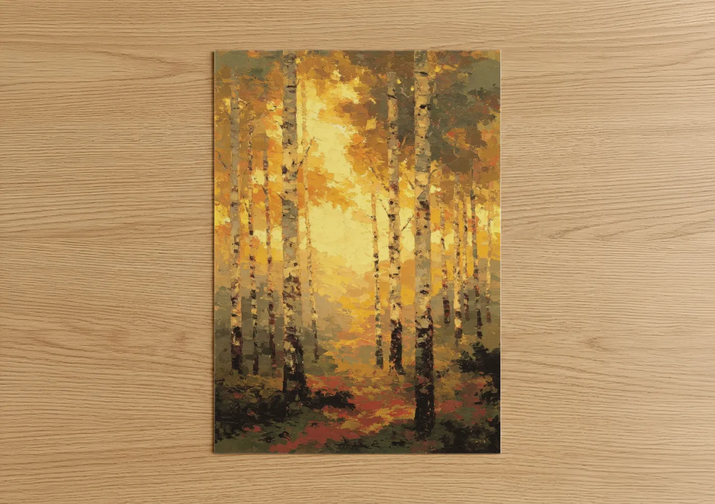 Art print on warm oak wood — gold palette — Golden Birch Forest poster