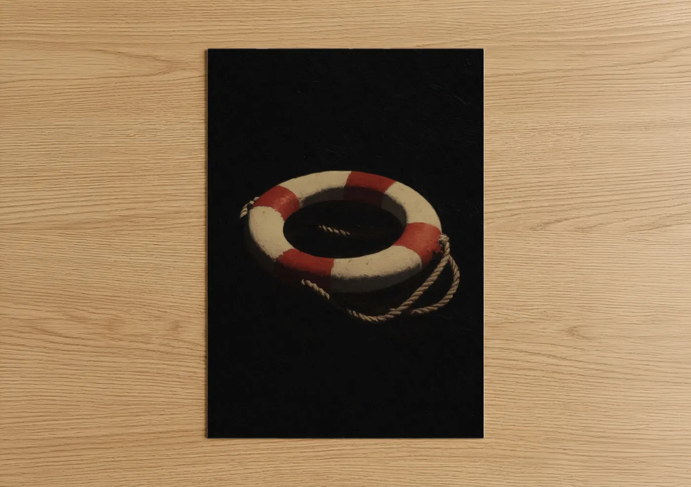Art print on warm oak wood — red and cream palette — Classic Life Ring poster