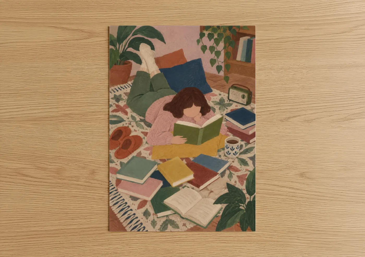 Art print on warm oak wood — green and pink palette — Woman Reading With Plants Wall Art poster