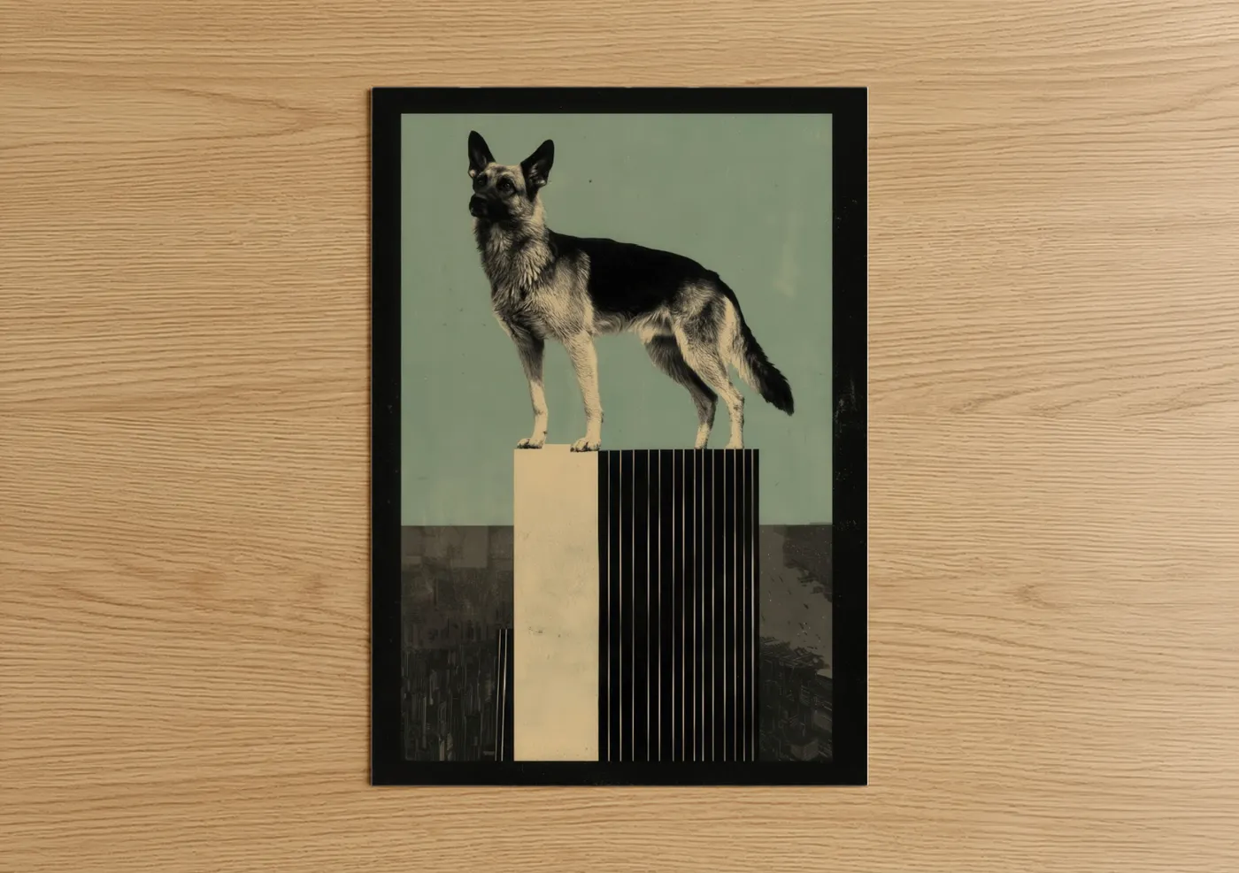 Shepherd dogs and collies art print on warm oak wood — sage green and black and white palette — Vigilant Shepherd poster