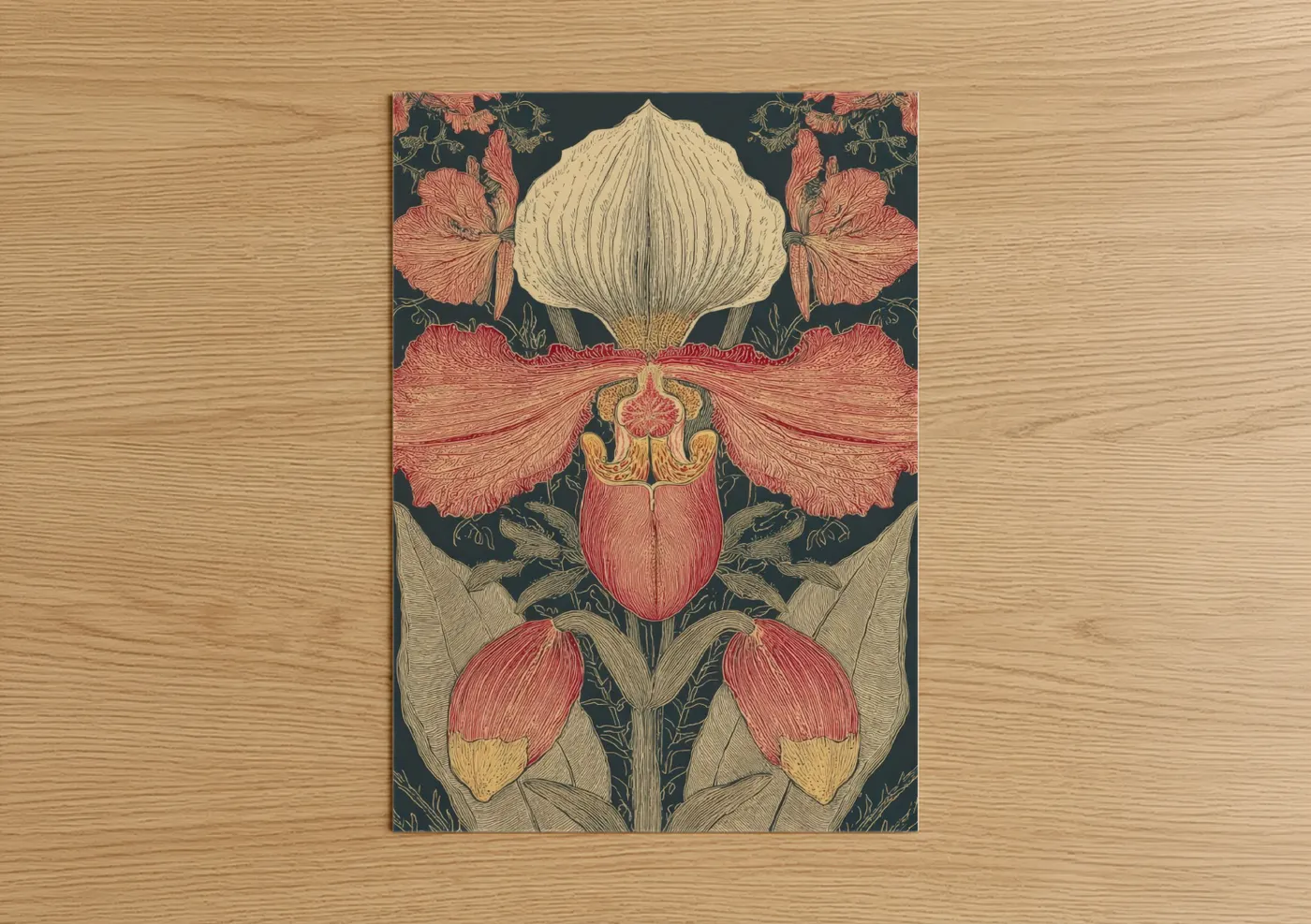 Art print on warm oak wood — rose gold and dark green palette — Crimson Lady Orchid poster