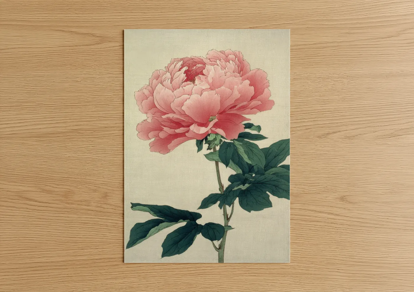 Art print on warm oak wood — pink and dark green palette — Romantic Peony Bloom poster
