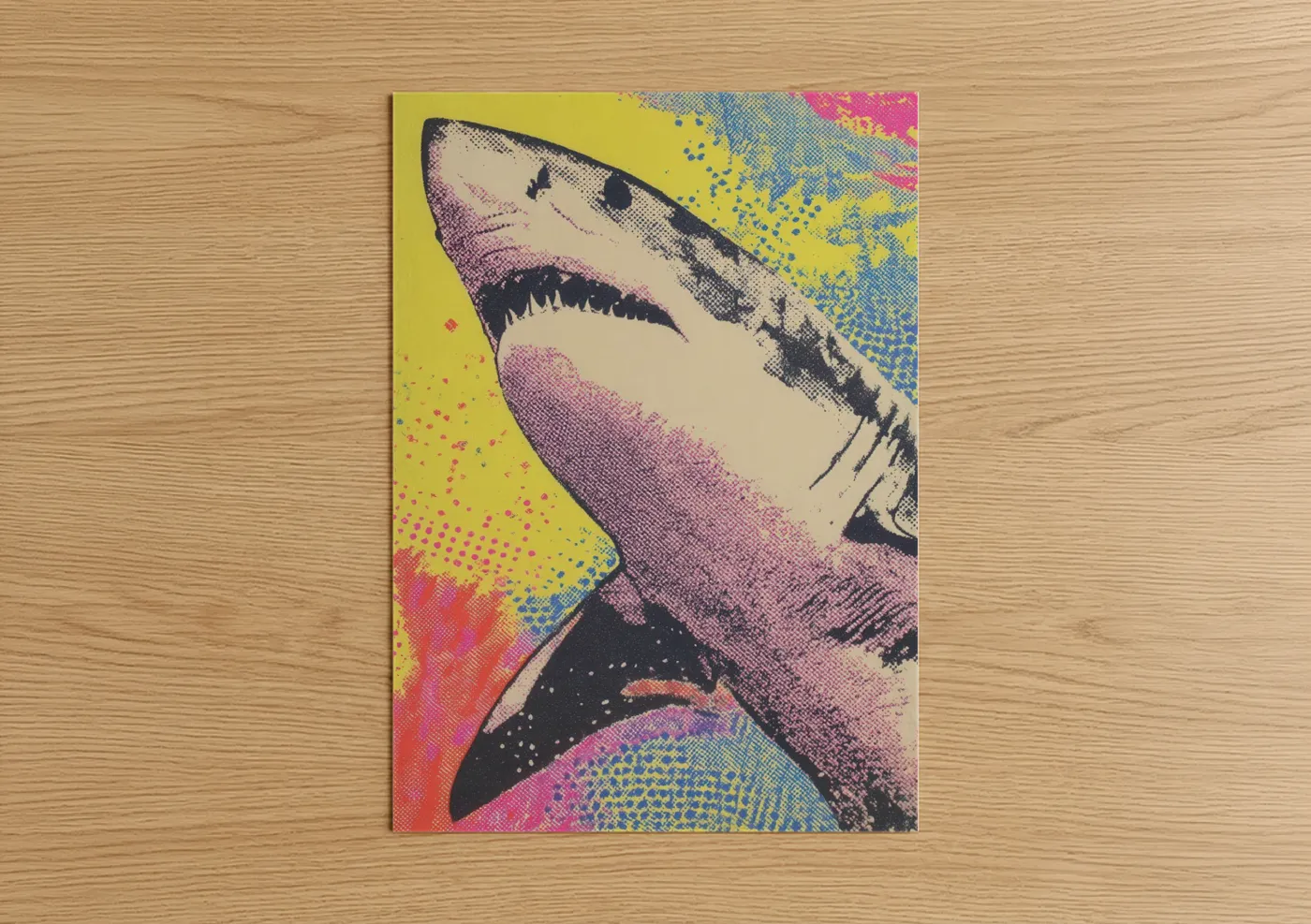 Art print on warm oak wood — yellow gold and magenta palette — Neon Bull Shark poster