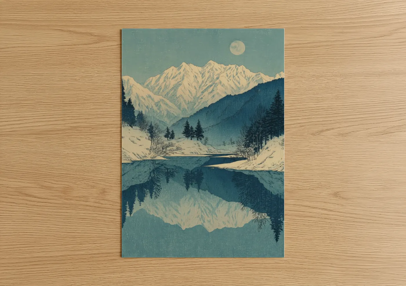 Snowy Mountain Lake Moonlight Winter Wall Art