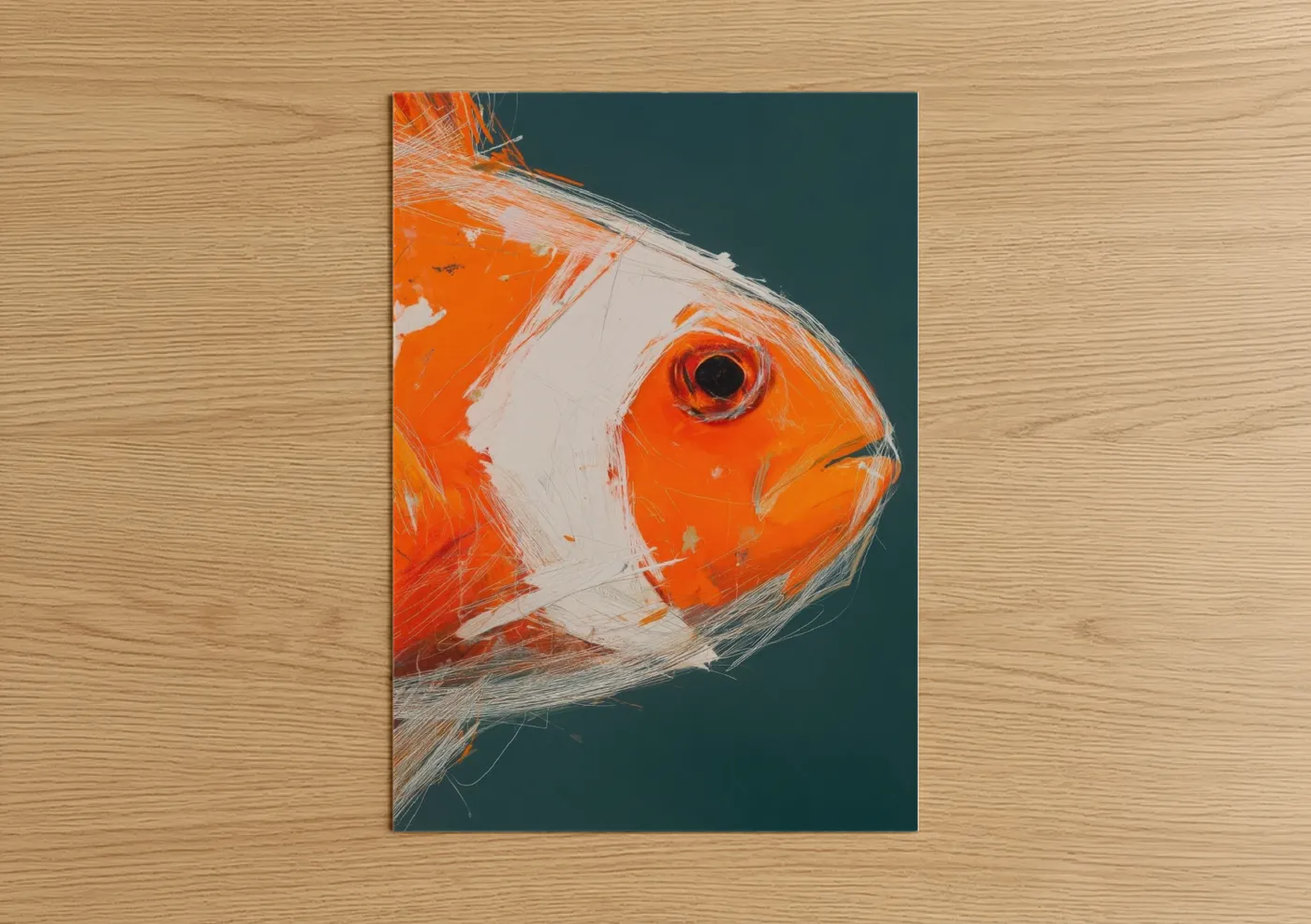 Clown fish art print on warm oak wood — orange and dark blue palette — Orange Clownfish Portrait poster