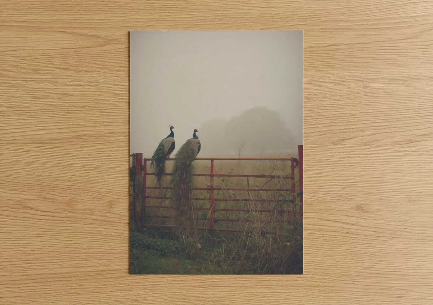 Misty Peacock Pair Foggy Landscape Wall Art