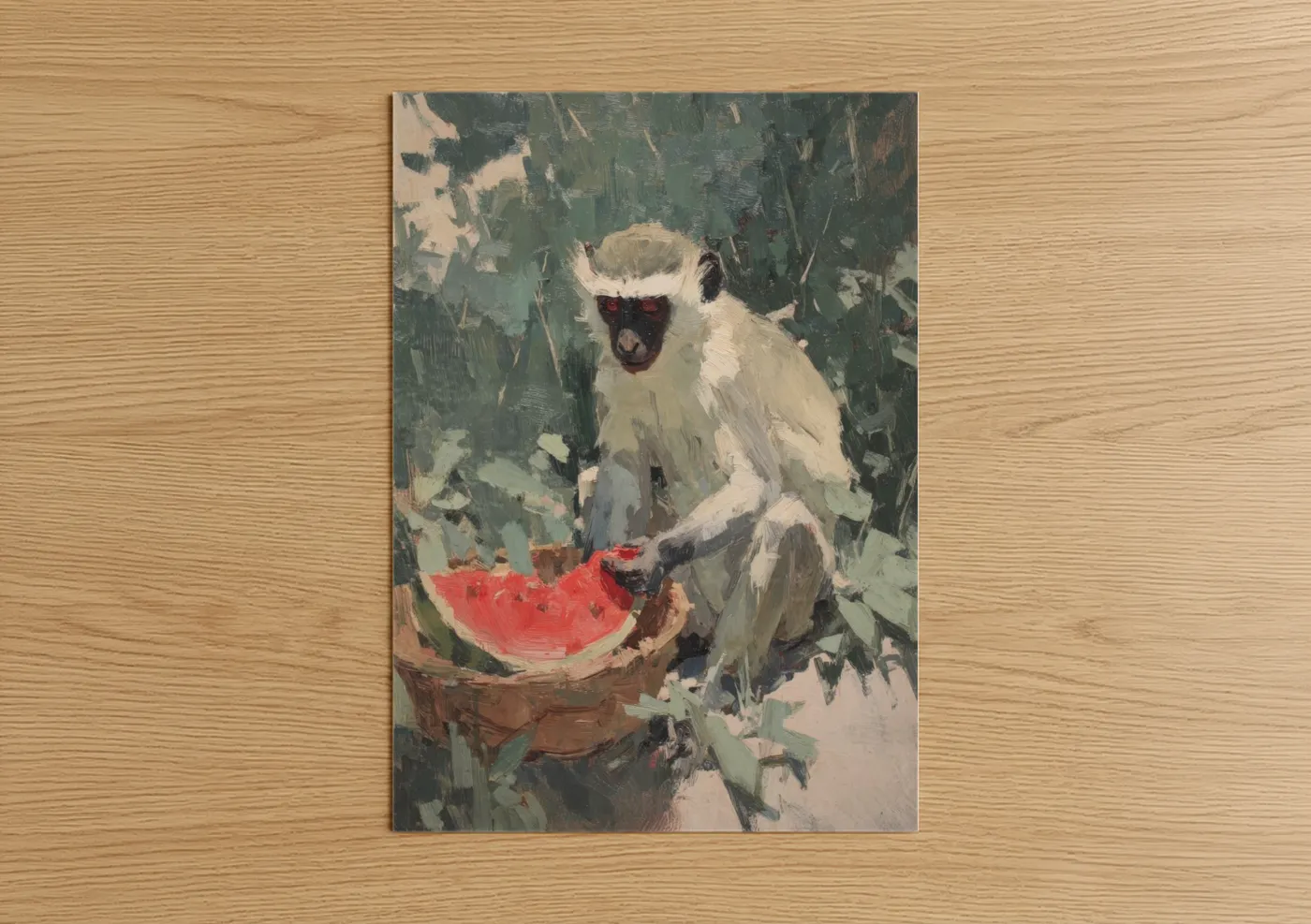 White Monkey Eating Watermelon Wall Art