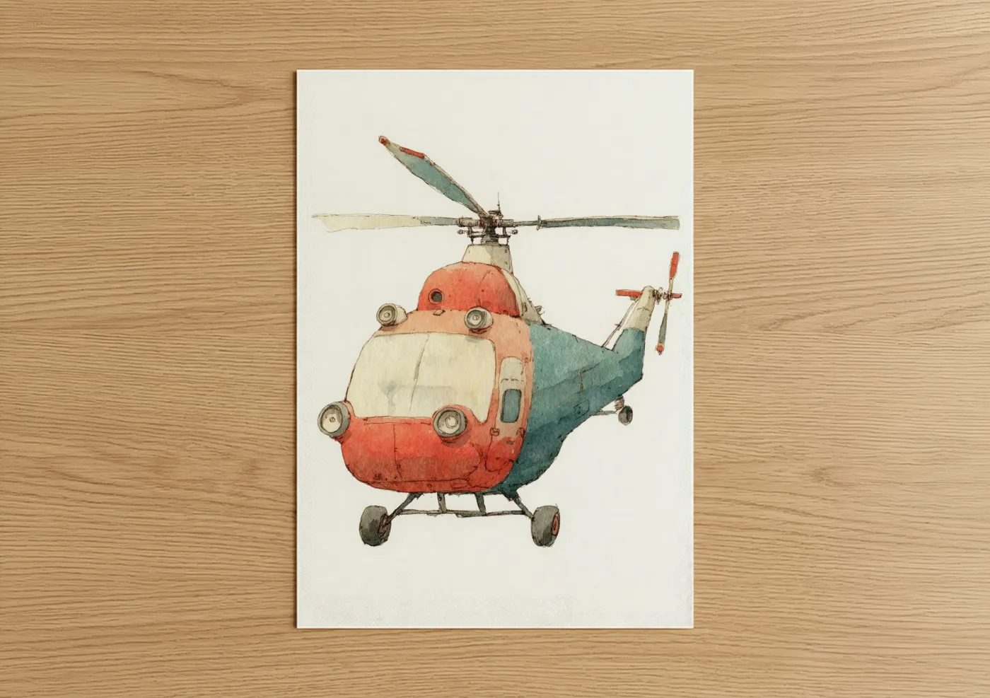 Vintage Helicopter Watercolor Illustration Wall Art