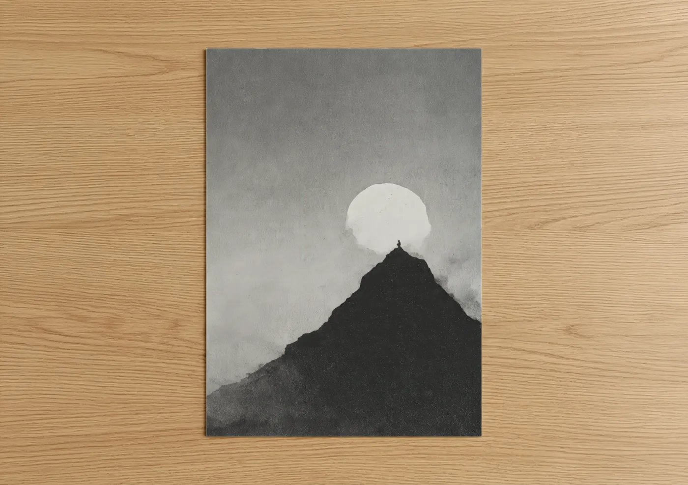 Art print on warm oak wood — black and white palette — Moonlit Peak poster