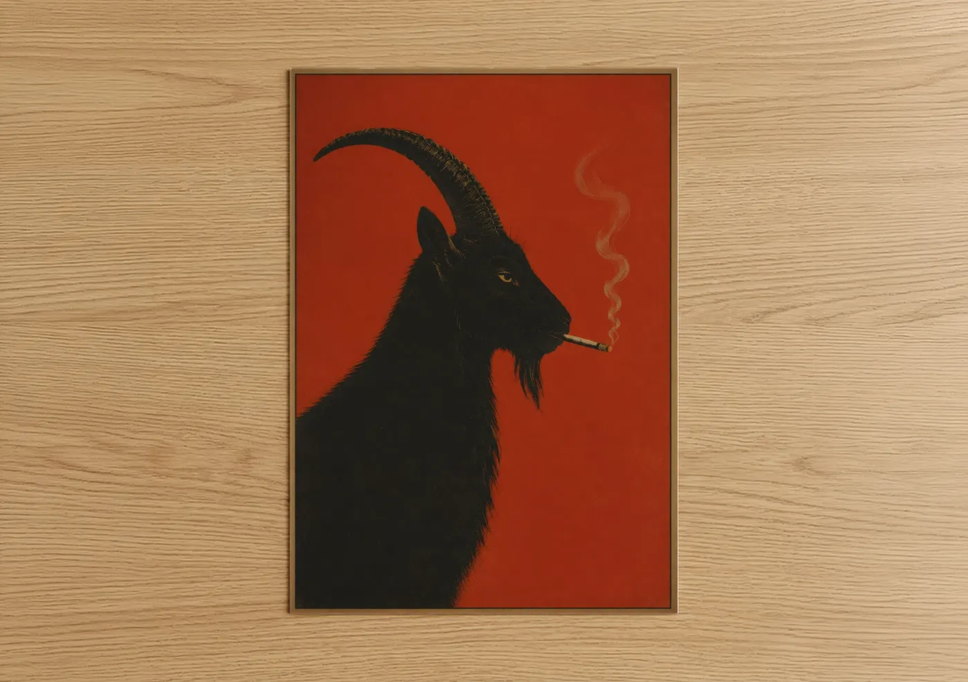 Art print on warm oak wood — red and black palette — Black Goat Smoking Portrait Wall Art poster