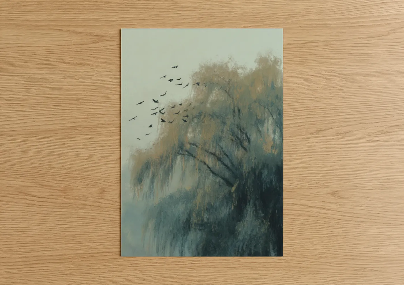 Misty Willow Tree With Flying Birds Wall Art