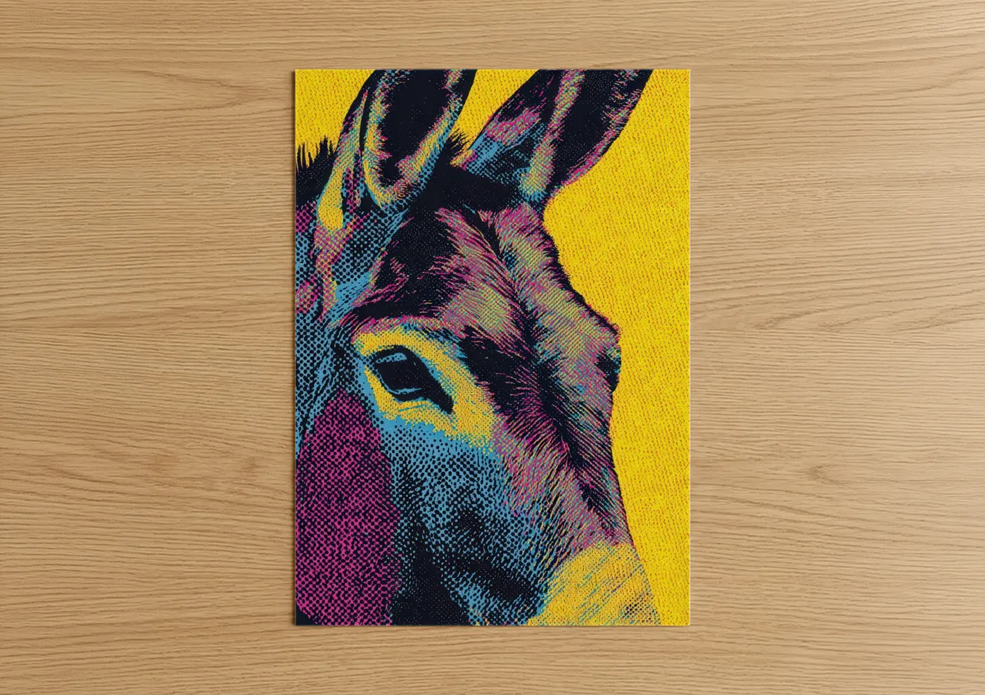 Art print on warm oak wood — yellow and magenta palette — Neon Mule Portrait poster