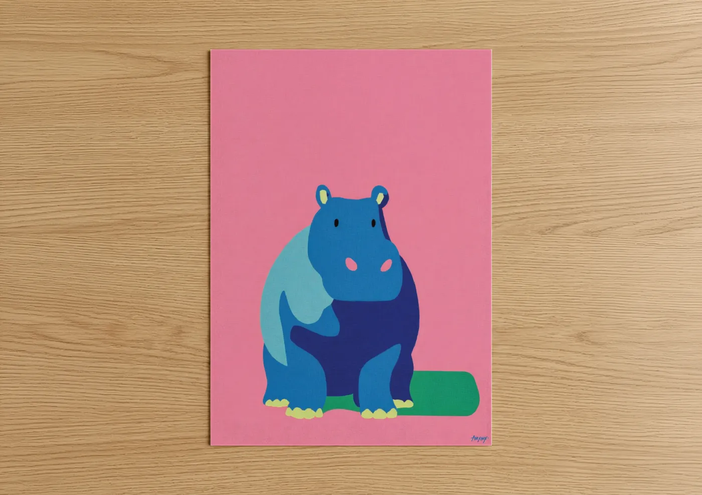 Art print on warm oak wood — blue and pink palette — Blue Hippo Illustration poster