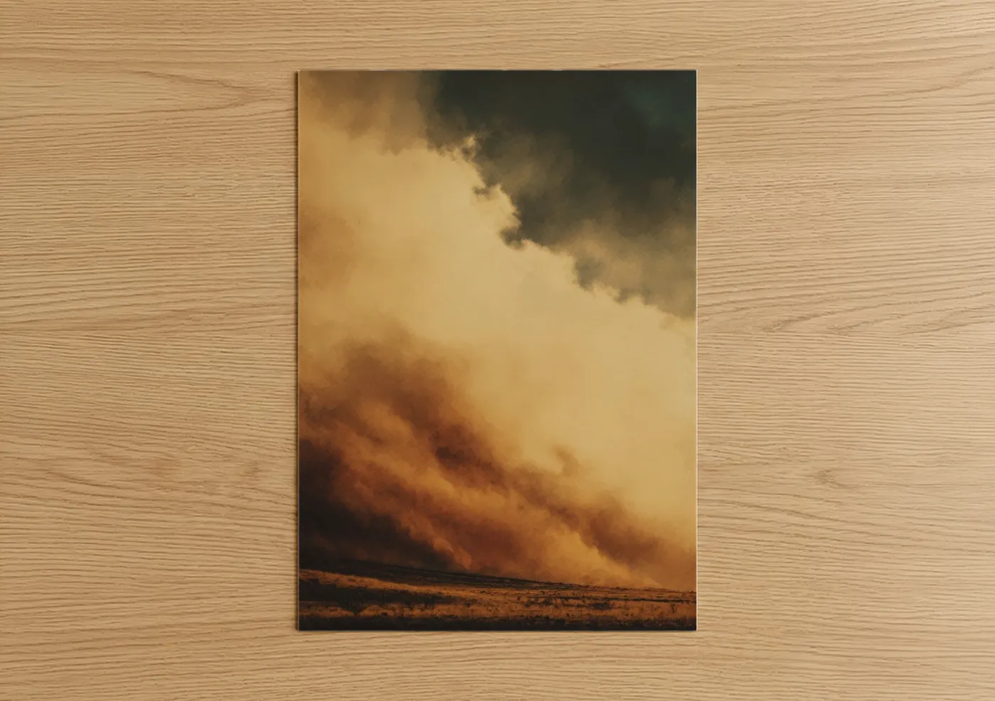 Dune art print on warm oak wood — gold and brown palette — Golden Dust Storm poster