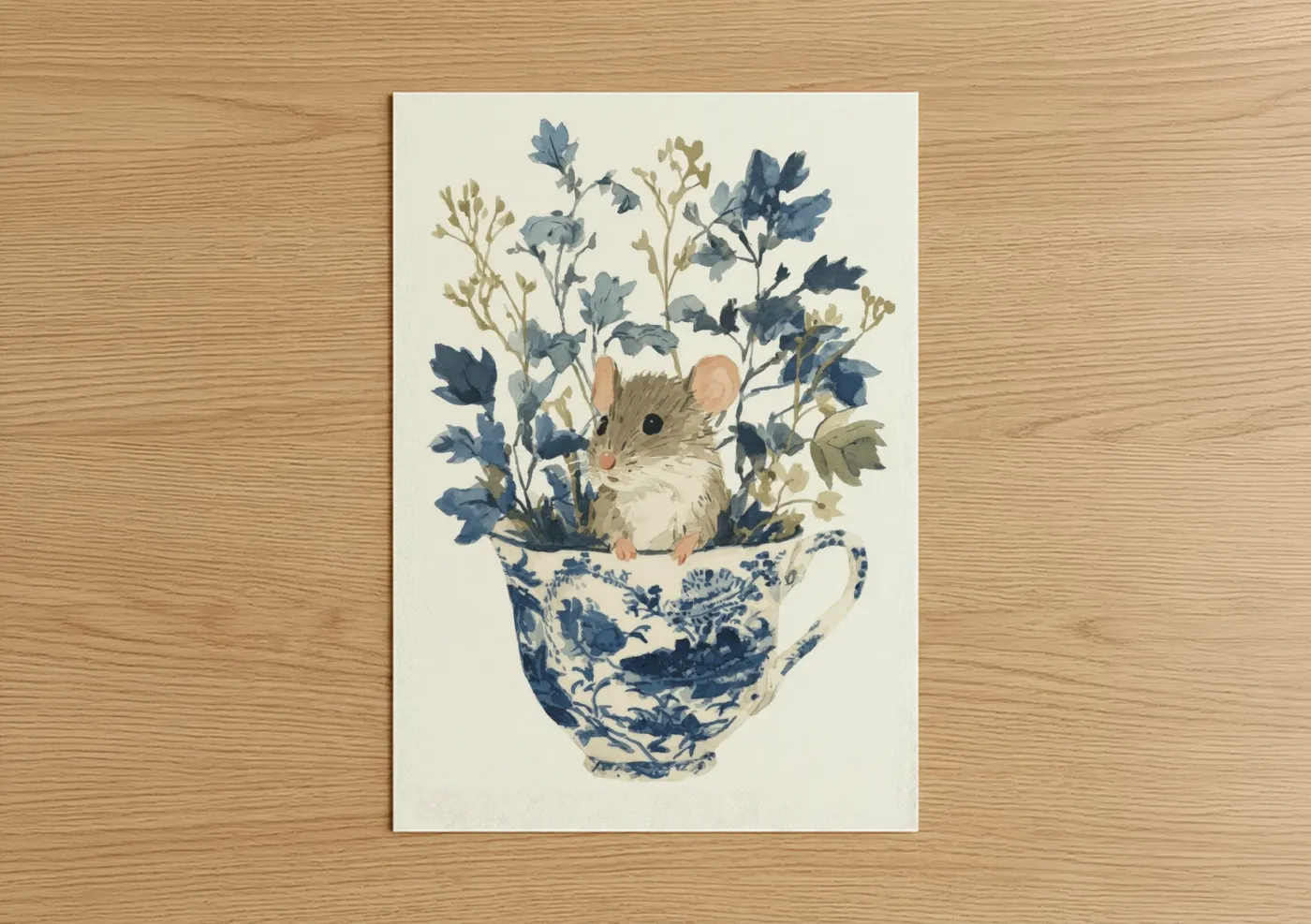Whimsical Mouse in Blue Teacup Flowers Wall Art