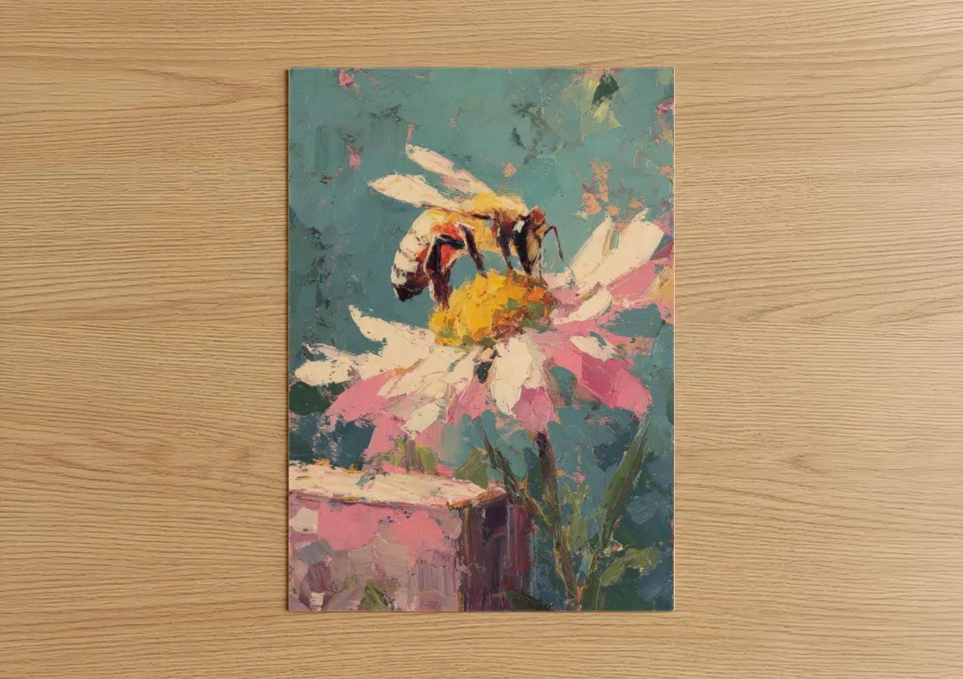 Honey Bee on Pink Flower Impressionist Wall Art