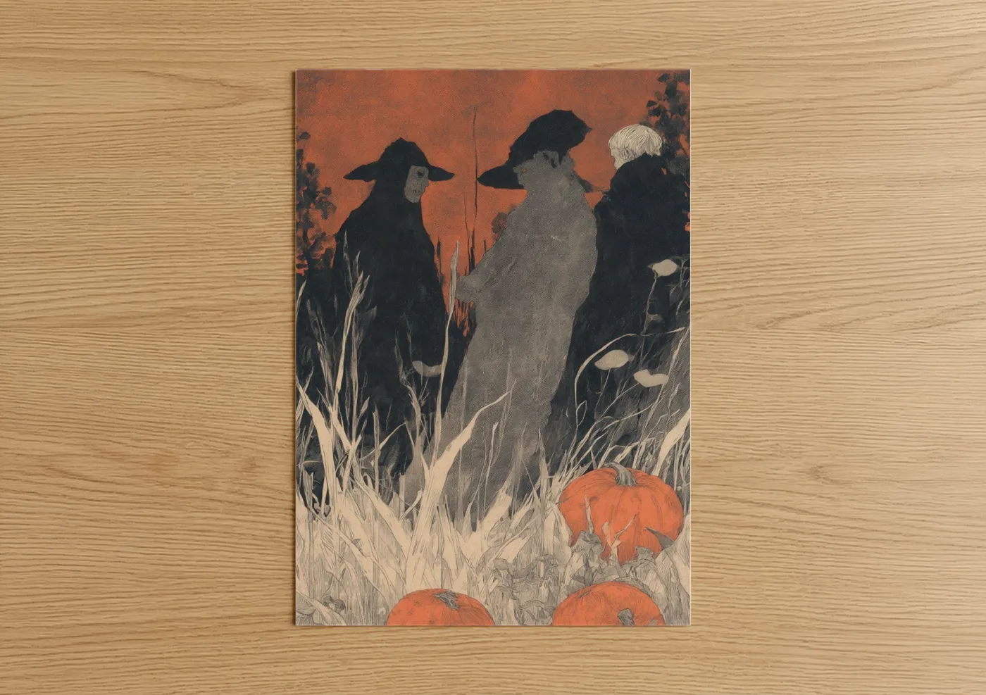 Wiccan art print on warm oak wood — russet and black palette — Harvest Witches poster