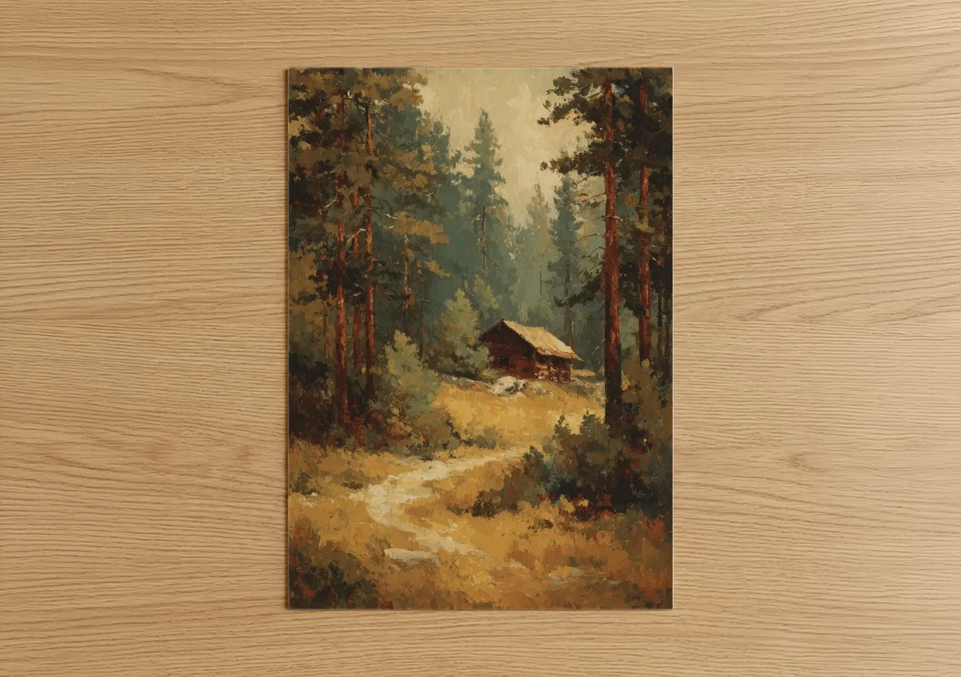 Cedar forest art print on warm oak wood — gold and dark green palette — Cabin Refuge poster