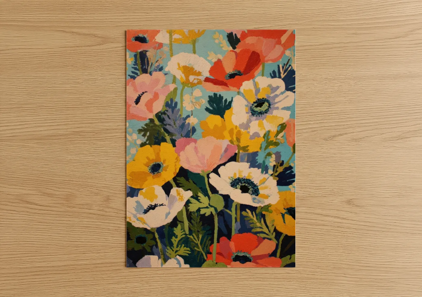 Flower field art print on warm oak wood — orange and gold palette — Vibrant Poppy Field poster