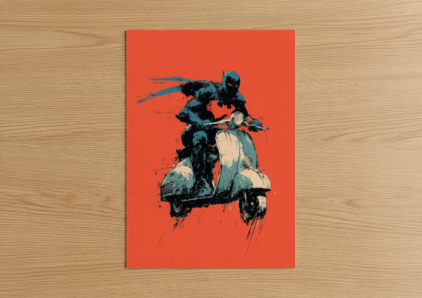 Scooter art print on warm oak wood — orange and blue palette — Urban Rider poster